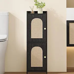 Hzuaneri Bathroom Storage Cabinet, Small Corner Floor Cabinet with 2 Doors and Adjustable Shelf, Narrow Toilet Paper Cabinets, Bathroom Organizer for Small Spaces, 7.9" D x 9.8" W x 29.5" Rattan Black