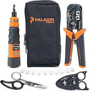 Paladin Tools PA4908 Network Tool Kit - VDV Technicians Kit - Wire Cutter, Wire Stripper, Scissors, Punchdown Tool, Plugs - RJ45 RJ11 RJ12 RJ22 (POE Ethernet)