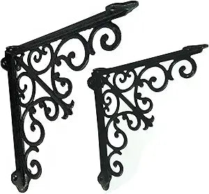 NACH Decorative Shelf Brackets, 2 Pack of 10.6 x 2 x 10.6 inch, Black Cast Iron Wall Shelf Brackets - Decorative Bookshelf Brackets - Victorian Style Shelf Bracket