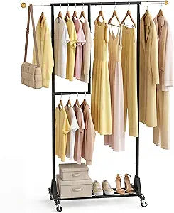 Rolling Clothing Rack with Bottom Storage Shelf & lockable Casters, Multi-tier Retractable Sturdy Garment Rack for Hanging Coats, Dresses - Ideal for Bedroom, Closet & Laundry Room ( Taller version )