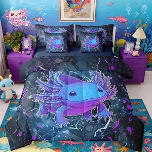 Erosebridal Axolotl Bedding Set Queen Cute Axolotl Comforter Set 7 Piece Sealife Salamander Bed in A Bag for Kids Adults Ocean Reptile Animal Quilt with Flat Fitted Sheet