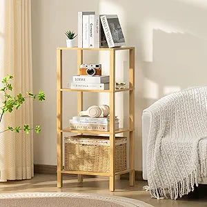 YUFAM 4 Tier Tall Bookshelf with Storage - Small Bookcase for Small Spaces, Shelf for Living Room, Office, Bedroom, Kitchen - Industrial Modern Natural Book Shelf