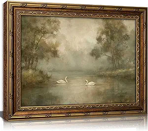 Vintage Gold Framed Swan Lake Wall art, Romantic Landscape Oil Painting Canvas Print, Rural Forest Lake Cottagecore Picture, Rustic Farmhouse Poster Artwork for Living Room Bedroom Bathroom