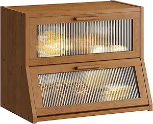 GHWIE Double Layer Bamboo Bread Box for Kitchen Counter,Large Capacity Bread Storage Bin,Bread Container with Acrylic Wavy Door Panel (Brown, Medium)