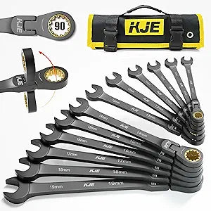 KJE 90-Teeth Metric 180 Flex-Head Ratcheting Wrench Set, Cr-V Steel, 12-Piece Metric 8-19mm Combination Wrenches set, Nickel Plating, with Organizer Bag, for Auto, Machine Repair, Father's Day Gift