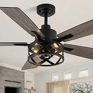 Dawn Whisper 52 Inch Farmhouse Ceiling Fans with Lights and Remote Quiet and Reversible DC Motor Black Industrial Rustic Caged Ceiling Fan for Bedroom Living Room Covered Patio