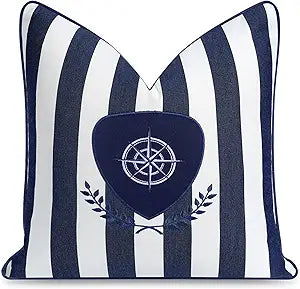 Hofdeco Premium Coastal Outdoor Performance Throw Pillow Cover Only, 18"x18" Water Repellent, UV and Fade Resistant for Backyard, Couch, Poolside, Navy Blue Embroidered Nautical Yacht Stripe