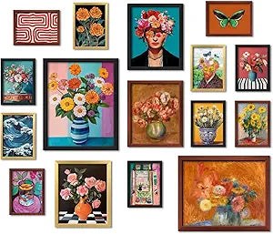 16 PCS Framed Eclectic Wall Art Decor, Mid Century Modern Maximalist Home Gallery Wall Frame Set Prints for Bedroom Bathroom, Colorful Posters for Living Room Aesthetic, Floral Artwork Collage Kit