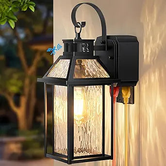 Lotsky 14" Porch Lights with GFCI Outlet, Motion Sensor Outside Sconces, Dusk to Dawn Exterior Lighting Fixtures with Water Glass,Anti-Rust Aluminum Waterproof Black Wall Light for House Garage