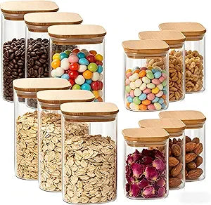 12-Pack Glass Storage Jars with Bamboo Lids, 61.6QT Large & 60.7QT Small Airtight Glass Canisters Set, Square Glass Food Containers for Coffee Beans, Oats, Nuts, Candy, Pantry Organization