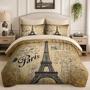 Pamnest Comforter Set Queen Size, Paris Eiffel Tower 7 Pcs Bedding for Kids and Adults, Love Retro Brown Bed Sheet Sets with Fitted Sheet 2 Pillowcases & 2 Shams for Bedroom Bed Decor