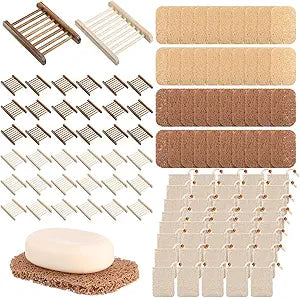 120 Pcs Soap Saver Set Including Wooden Dish, Exfoliating Bag, Saver Pads Bulk with Self Drain, Bar Soap Holder Mesh Bag for Shower Bath Home Toilet Kitchen Hotel Restaurant