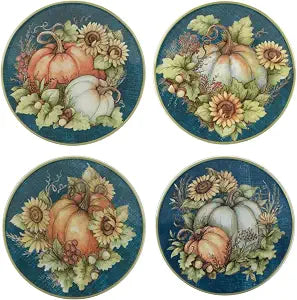 Autumn Breeze Set of 4 Earthenware Canape Plates  Delight guests with appetizers or desserts on these mini plates featuring charming autumn pumpkins and sunflowers 6"