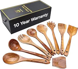 Wooden Kitchen Utensil Set, 9-Piece Teak Wood Cooking Spoons-Heat-Resistant, Non-Scratch, Durable Kitchen Tools, Perfect Cooking Gift
