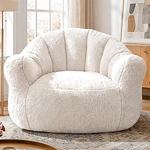 Homkdom Giant Bean Bag Chair for Adults, Shell-Shaped Oversized Bean Bag Couch with Armrests & Side Pockets, Lounge Floor Sofa for Reading, Playing & Relaxing, Beige