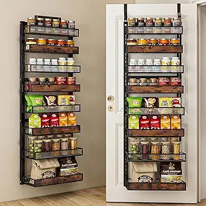 8 Tier Pantry Door Organizer Spice Rack, 2-IN-1 Wall Mount or Hanging Over Door Seasoning Organizer with Adjustable Baskets, Heavy Duty Behind Door Storage Shelves for Pantry, Cabinet and Kitchen