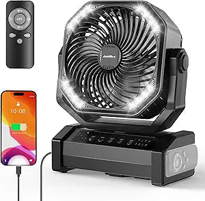 AddAcc 20000mAh Rechargeable Camping Fan - Battery Operated Fan with Light & Remote, Auto Oscillating, 4 Timer, 60 Hrs Work Cordless Tent Fan for Travel Outdoor RV Garage Power Outage Emergency