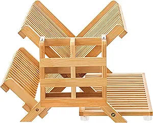 Bamboo Dish Drying Rack with Utensil Holder, 3 Tier Collapsible Dish Rack for Kitchen Counter, Large Folding Drying Holder, Dish Drainer, Kitchen Organizers and Storage