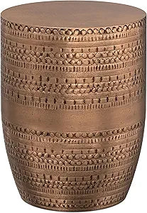 SIMPLIHOME Johnsen Metal Table - 15" Wide x 20" High Solid Iron Drum Accent Table in Antique Copper with Tribal Pattern, Round Boho End Table for Living Room, Bedroom, or Home Office, Fully Assembled