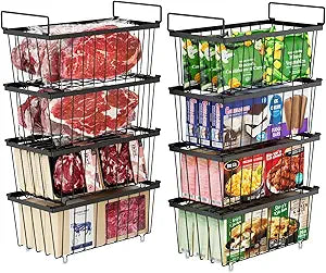 iSPECLE Deep Freezer Organizer Bins - Fits 7 Cu.Ft Chest Freezer, 8 Pack Stackable Wire Baskets(14.7" Length), Heavy Duty Coated Freezer Organizer, Rust Resistant for Frozen Food Sorting, Black