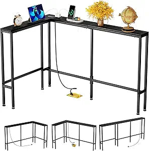 GRLEAF L Shaped 70" Narrow Console Sofa Table with Built-in Power Strip (2 AC Outlets & 2 USB Ports)  4.9ft Power Cord, Metal Frame, Easy Assembly, Ideal for Behind Couch, Hallway (Black, 70IN)