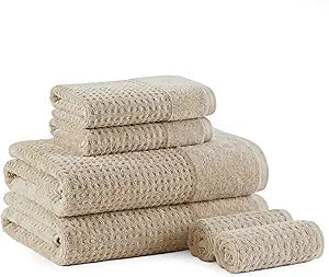 Madison Park Spa Waffle 100% Cotton Luxurious Towel Set, Premium Texture Waffle Weave, Highly Absorbent, Quick Dry, Hotel & Spa Quality Wash Clothes for Bathroom, Assorted Sizes, Natural 6 Piece