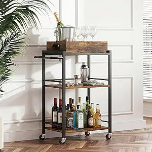 3-Tier Bar Cart for The Home, Rolling Cart with Wheels and Handle, 3-Tier Serving Cart with Removable Tray, Kitchen Carts on Wheels with Storage