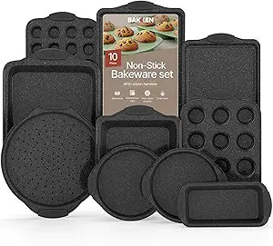 BAKKEN Kitchen Baking Pan Set - Nonstick Coating, Carbon Steel Bakeware Sets with Gray Silicone Handles, Baking Kitchen Essentials, PFOA, PFOS, PTFE Free, Oven Safe Tray (Up To 450 F), Set of 10