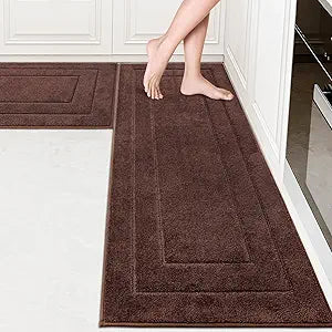 PURRUGS Machine Washable Kitchen Rug Set [2 PCS] (24" x 35.5"+ 24" x 59"), Non-Slip/Skid Kitchen Runner Rugs & Floor Mats, Super Absorbent Soft Standing Mats for Kitchen, Laundry & Sink, Brown