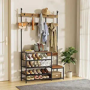 ROOMTEC Coat Rack Shoe Bench,Hall Tree with Shoe Bench for Entryway,Pipe Style Hall Tree with 9 Hooks,Multifunctional Entryway Coat Rack,Wood Look Accent Furniture with Metal Frame