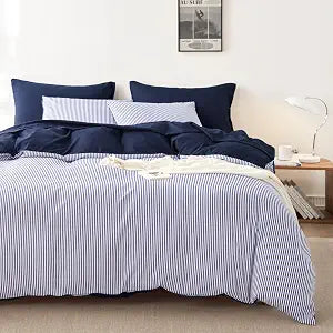 Wake In Cloud - Striped Cotton Duvet Cover Set, Ticking Stripe Pinstripe Farmhouse, 100% Cotton Bedding Set, 3 Pieces, Navy White, Queen Size