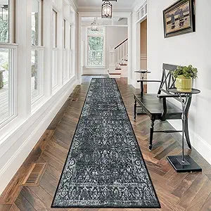Morebes Black Vintage Carpet Runners for Hallway 12ft,Washable Long Runner Rug for Kitchen Indoor Floor Non-Slip,Distressed Super Soft Throw Carpet for Entryway Bathroom Dining Room Playroom