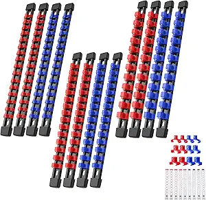 Reniteco 12-Piece Socket Organizer Set - 1/4-Inch x 64 Clips, 3/8-Inch x 60 Clips, 1/2-Inch x 48 Clips, Heavy Duty ABS Socket Holder, Premium Quality Socket Clip Rail Holder for Tool Box Drawer