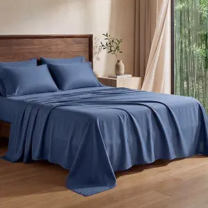 Genuine 100% Viscose Derived from Bamboo Sheets Queen Size, Natural Cooling for Hot Sleepers Breathable Luxuriously Soft Cool Silky Sheet Set with 15" Deep Pocket Fitted, 4 Piece (Queen, Navy Blue)