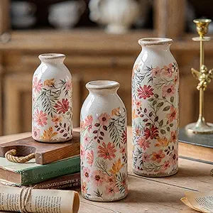 Vintage Vase Set of 3, Ceramic Vintage Flower Vases, Chinoiserie Decorative Home Decor Retro Floral Vase Rustic Farmhouse Decor for Table Bookshelf Mantel Kitchen Living Room Office - Colorful Daisy