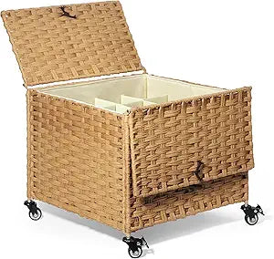 BROWNLILY Rolling Shoe Organizer with Double-Door Lid, Faux Rattan Woven Entryway Storage Basket with Metal Frame & Silicone Pads, Removable Liner & 16-Grid Adjustable Dividers, Natural