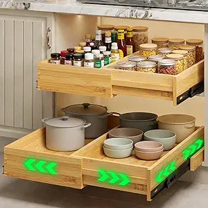 BAMEOS 2-Pack 14" to 20" Adjustable Width Soft Close Slide Out Bamboo Wood Drawer Organizer for Kitchen,Pantry, Bathroom & Under Sink, 2-Pack Wooden Storage, 21" Depth, 66 lbs Capacity