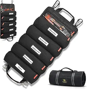 Roll up tool bag with Carabiners - 5 Large Oversized Pockets with Labels-Tool roll bag organizer - Canvas foldable tool Bag organizer | Tool organizer bag for Mechanic, Electrician & more