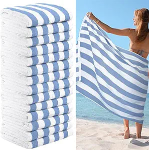 VitalCozy 16 Pcs Cotton Pool Beach Towels 30 x 70 Inch Cabana Stripe Oversized Basics Turkish Pool Bath for Hotel Swimming Bathroom(Blue and White Stripes)