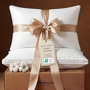 Bedsure Bed Pillows Queen Size Set of 2, Hotel-Quality Down Alternative Gusseted Pillows, PureWoven 100% Cotton Shell, Dual Chamber Construction for Fluffy Support, Ideal for Back & Stomach Sleepers
