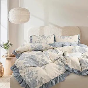 Oli Anderson 3 Piece Floral Comforter Set, Vintage Botanical Print Bedding Set, Farmhouse Lightweight Cottagecore Bed in a Bag with Ruffle Flowers Comforter (Blue, King)