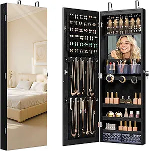 Unisakey Mirror Jewelry Cabinet,Lockable Wall or Door Mounted Jewelry Armoire Organizer With Built-up Mirror,LED Lights, Drawers,Cosmetic Trays,Shelves, 14.4"x3.15"x 43.1"Black