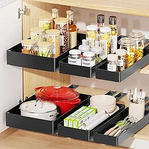 Delamu 3 Pack Pull Out Cabinet Organizer, 15.7" Deep Pull Out Drawers for Cabinets, Slide Out Drawers for Kitchen Cabinets, Bathroom Cabinet Organizer, Pantry (Black)