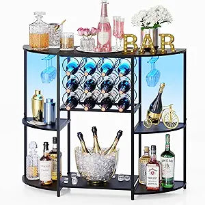 JKsmart Wine Bar Cabinet with LED Lights, Mini Wine Bar Cart with Storage and Glass Holder, Home Bar Coffee Bar for Liquor, 3-Tier Bar Table for Kitchen, Dining Room, Living Room, Black