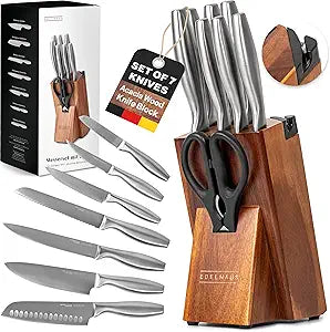 EDELHAUS Knife Set with Block  9 pcs Stainless Steel Kitchen Knife Block Set - Professional Knife Block with Sharpener and Scissors - Kitchen Knife Set with Acacia Wood Block & Steel Handles