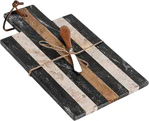 Bloomingville Striped Marble Cheese and Cutting Board with Handle, Leather Tie and Stainless Steel/Mango Wood Canape Knife, Multicolor