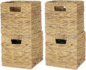Water Hyacinth Storage Baskets 9in, 4 Pack Wicker Storage Cubes with Handles, Foldable Natural Woven Baskets for Shelves Closet Bathroom, Handmade Organizer Bins