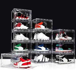 Upgraded 12 Pack Shoe Box,Acrylic Clear Shoe Boxes,Drop Front Shoe Storage Box,Clear Plastic Stackable Sneaker Box,Shoe Containers,Shoe Display Case,Sneaker Storage,Fits Up to Size 15