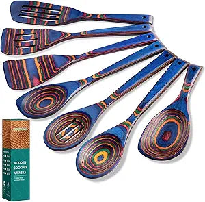 HOWHONG Wooden Spoons for Cooking, Pakkawood Kitchen Utensil Set Spectrum Color, Premium Durable Wooden Utensils for Nonstick Cookware, Heat Resistant, Smooth Finish, Comfortable Grip, 7 Piece