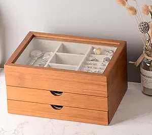 Clasin Home Jewelry Box with Glass Lid, 3 Layer Jewelry Organizer for Women, Solid Wooden Jewelry Box Display for Ring Earrings Necklace Bracelet, Pine Wood Jewelry Boxes Vintage Style for Gifts